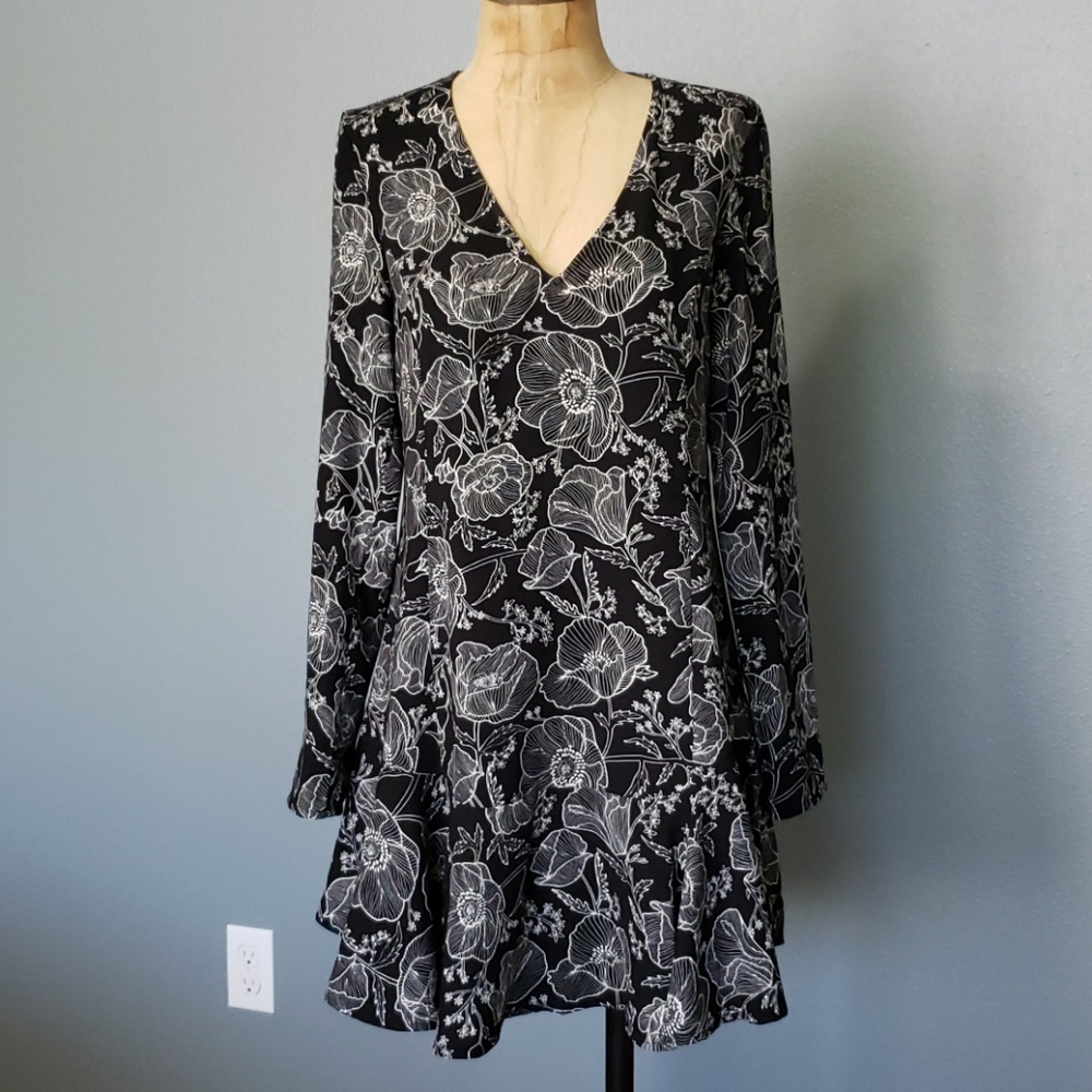 Leith long sleeve black floral peplum hem dress